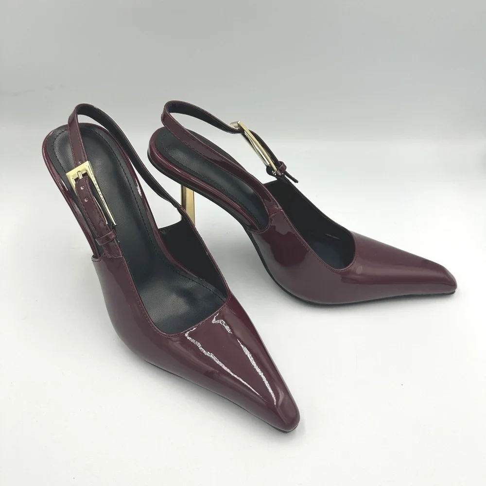 Burgundy Patent Pointed Toe Slingback Pumps 4in Gold Architectural Heel EU36 US6